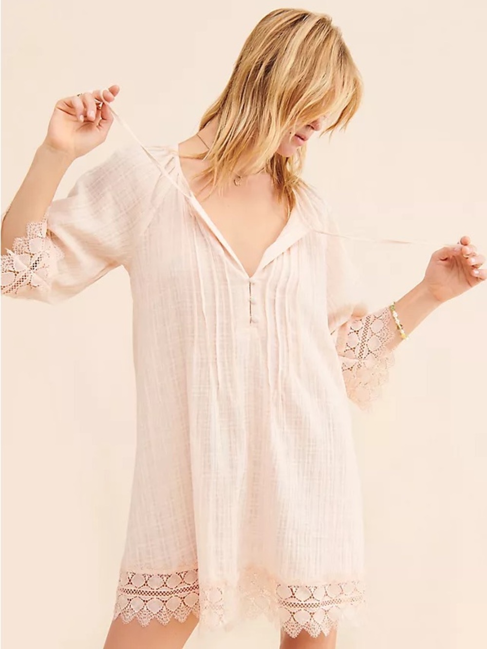 ANTHROPOLOGIE Blush Pink Lace-Trim Pintuck Mini Tunic Dress w Long Sleeves